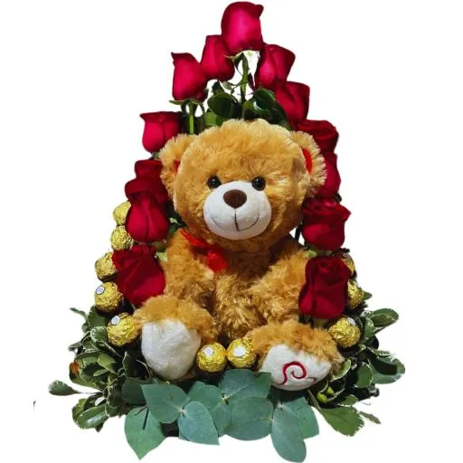 Arreglo de flores rosas importadas con bombones y peluche 